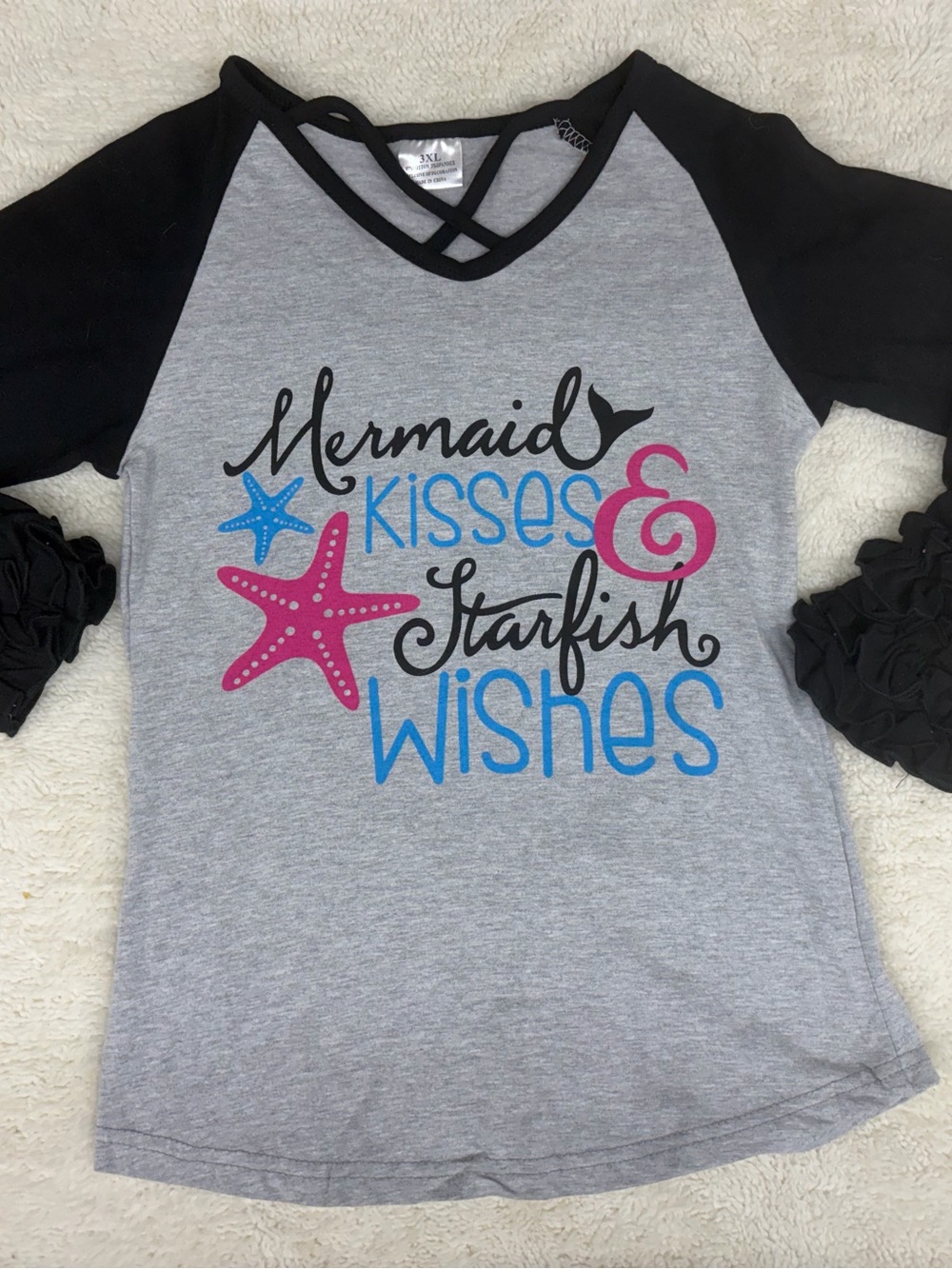 Girls' Mermaid Kisses & Starfish Wishes Raglan Top - Gray & Black